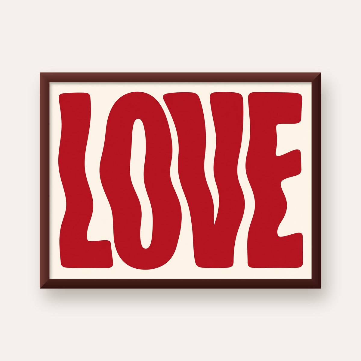 Dalgalı Kırmızı LOVE Yazılı Retro Minimal Poster — ceviz çerçeveli