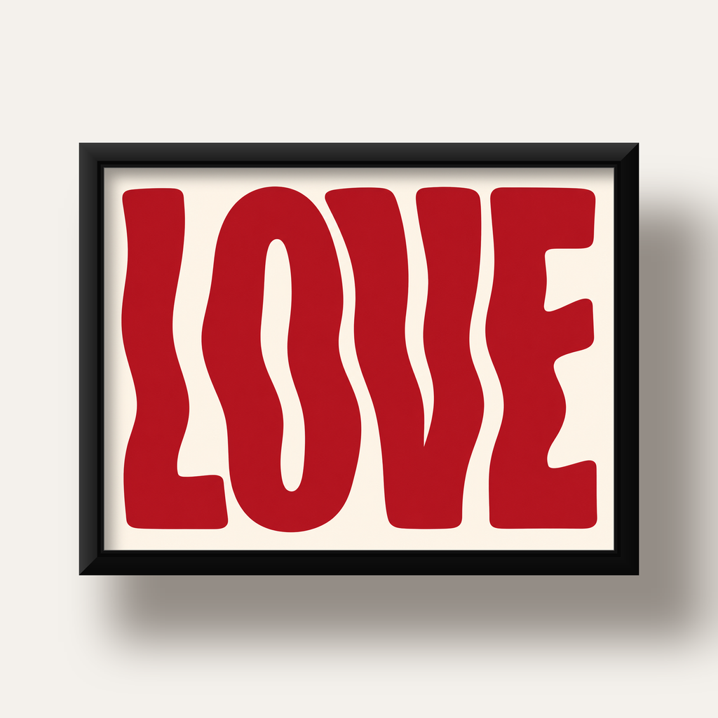 Dalgalı Kırmızı LOVE Yazılı Retro Minimal Poster — siyah derin çerçeveli