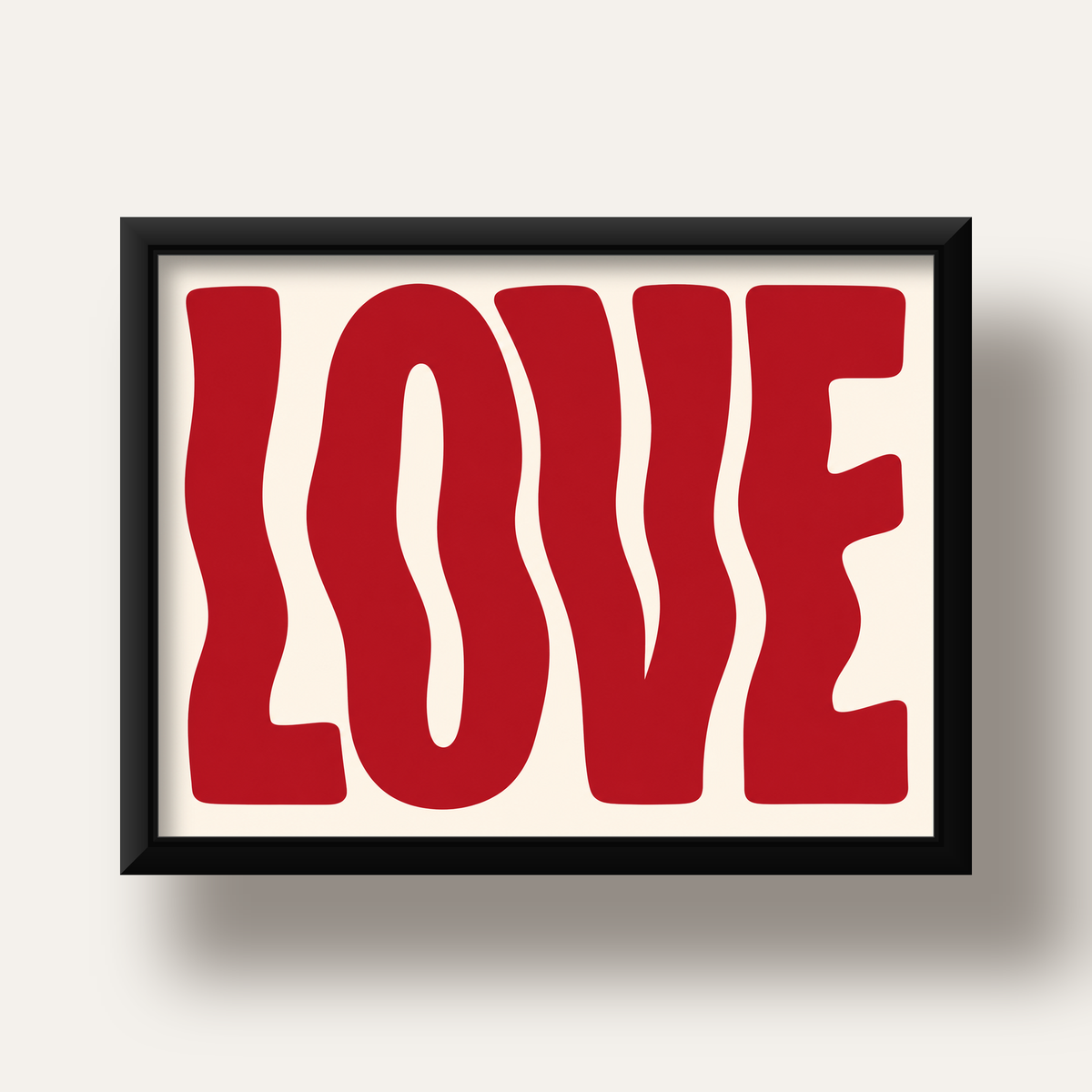 Dalgalı Kırmızı LOVE Yazılı Retro Minimal Poster — siyah derin çerçeveli