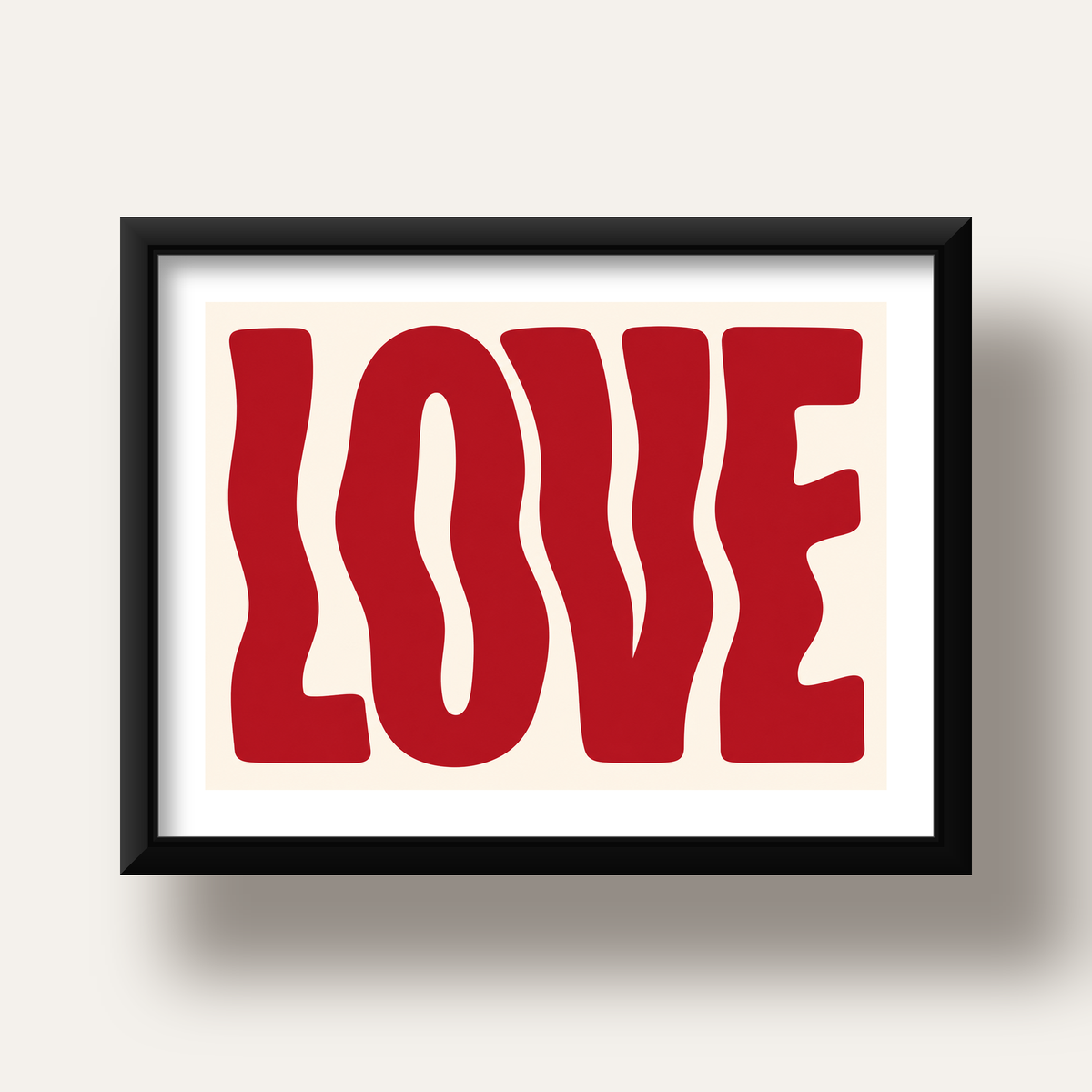 Dalgalı Kırmızı LOVE Yazılı Retro Minimal Poster — siyah derin çerçeveli paspartulu