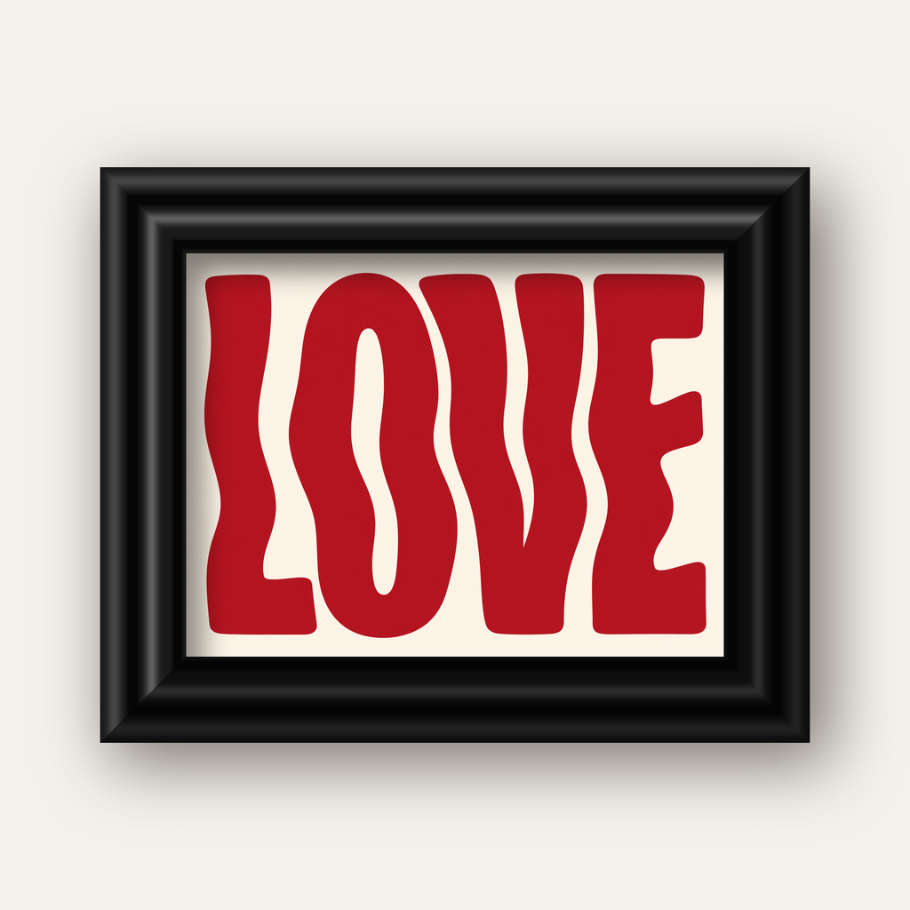 Dalgalı Kırmızı LOVE Yazılı Retro Minimal Poster — siyah galeri çerçeveli