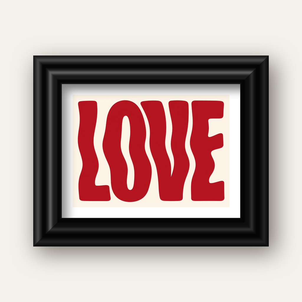 Dalgalı Kırmızı LOVE Yazılı Retro Minimal Poster — siyah galeri çerçeveli paspartulu