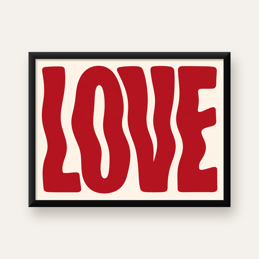 Dalgalı Kırmızı LOVE Yazılı Retro Minimal Poster — Yatay baskı, düz siyah çerçeveli duvar posteri