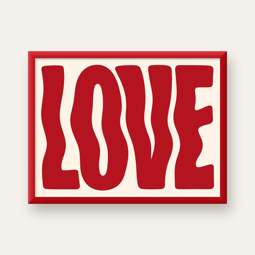 Dalgalı Kırmızı LOVE Yazılı Retro Minimal Poster — kırmızı çerçeveli