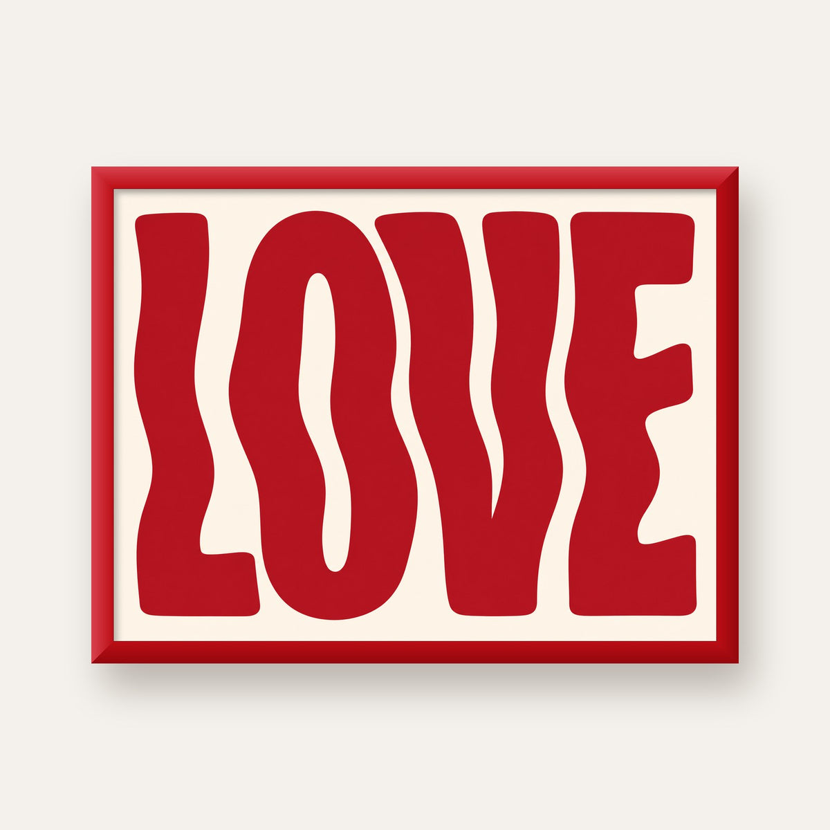 Dalgalı Kırmızı LOVE Yazılı Retro Minimal Poster — kırmızı çerçeveli