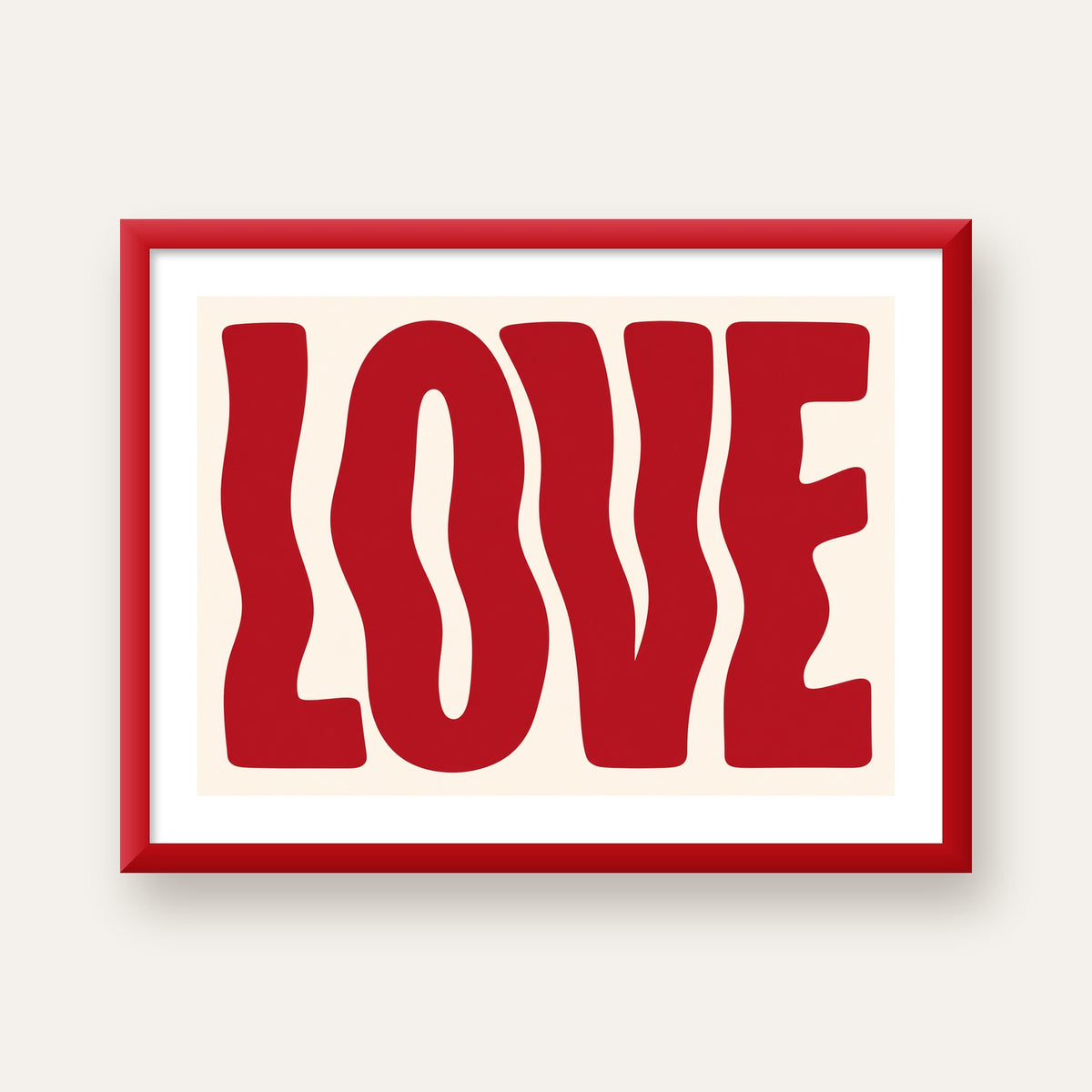 Dalgalı Kırmızı LOVE Yazılı Retro Minimal Poster — kırmızı çerçeveli paspartulu