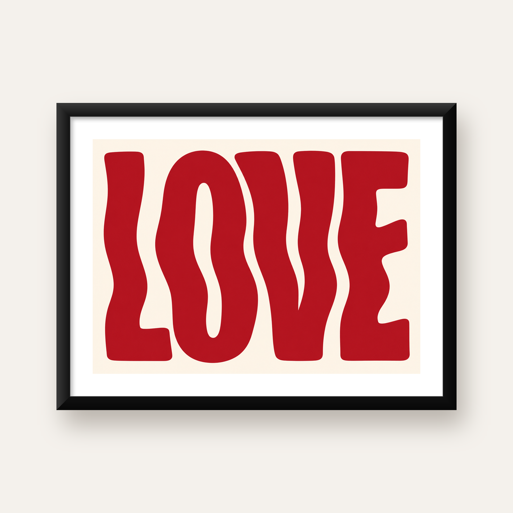 Dalgalı Kırmızı LOVE Yazılı Retro Minimal Poster — Yatay baskı, beyaz paspartulu