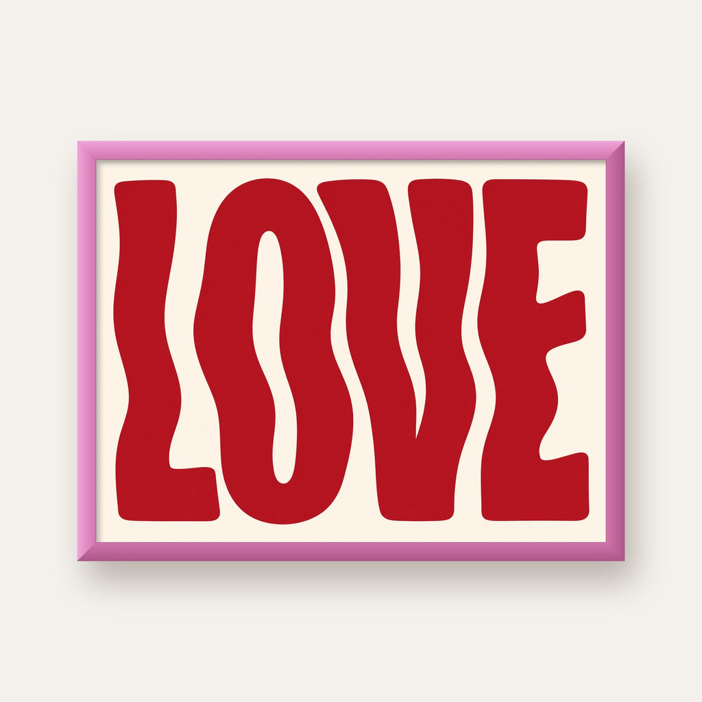Dalgalı Kırmızı LOVE Yazılı Retro Minimal Poster — pembe çerçeveli