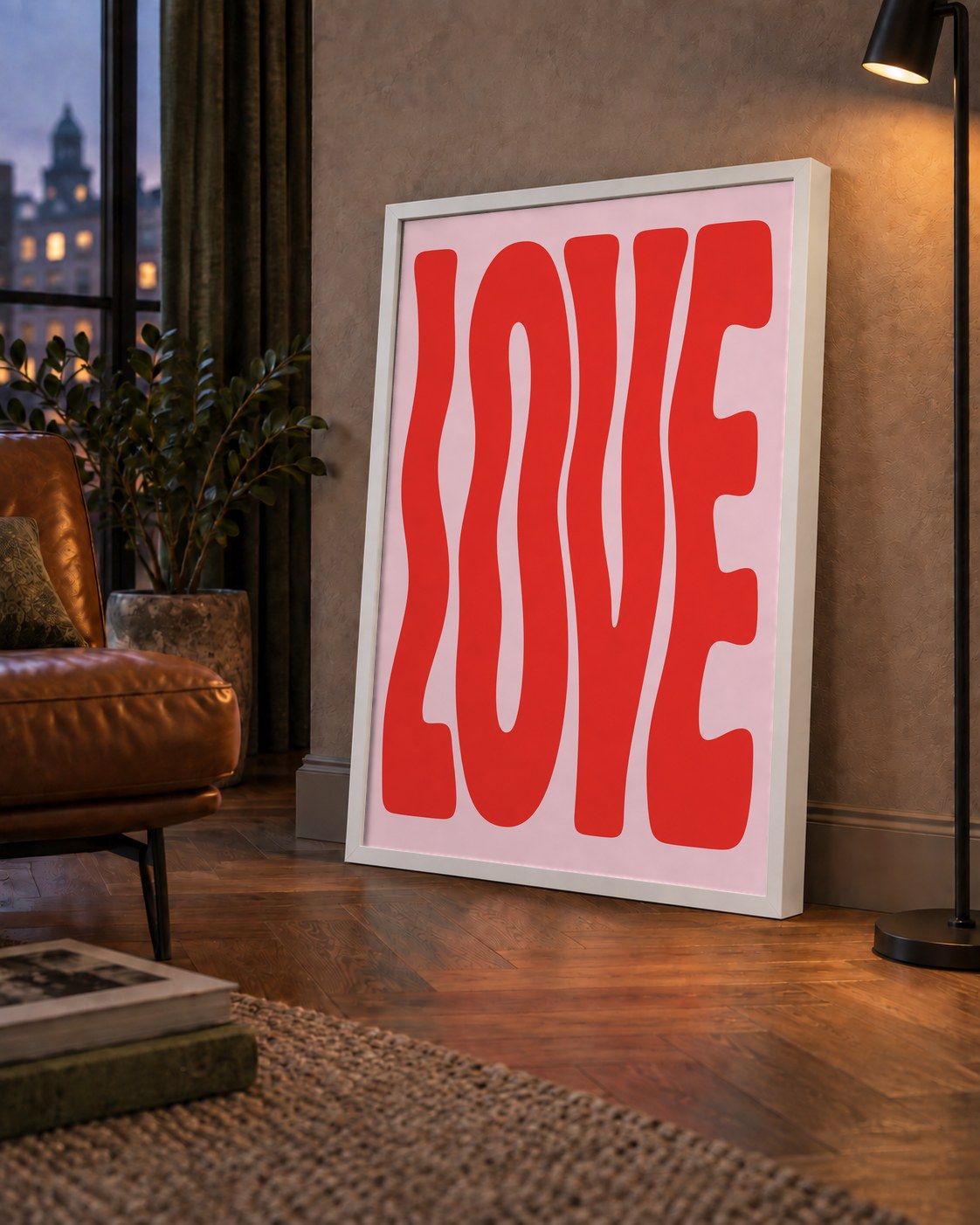 LOVE Yazılı Modern Tipografik Kırmızı Poster Baskı — çerçeveli hâliyle bir ev duvarında