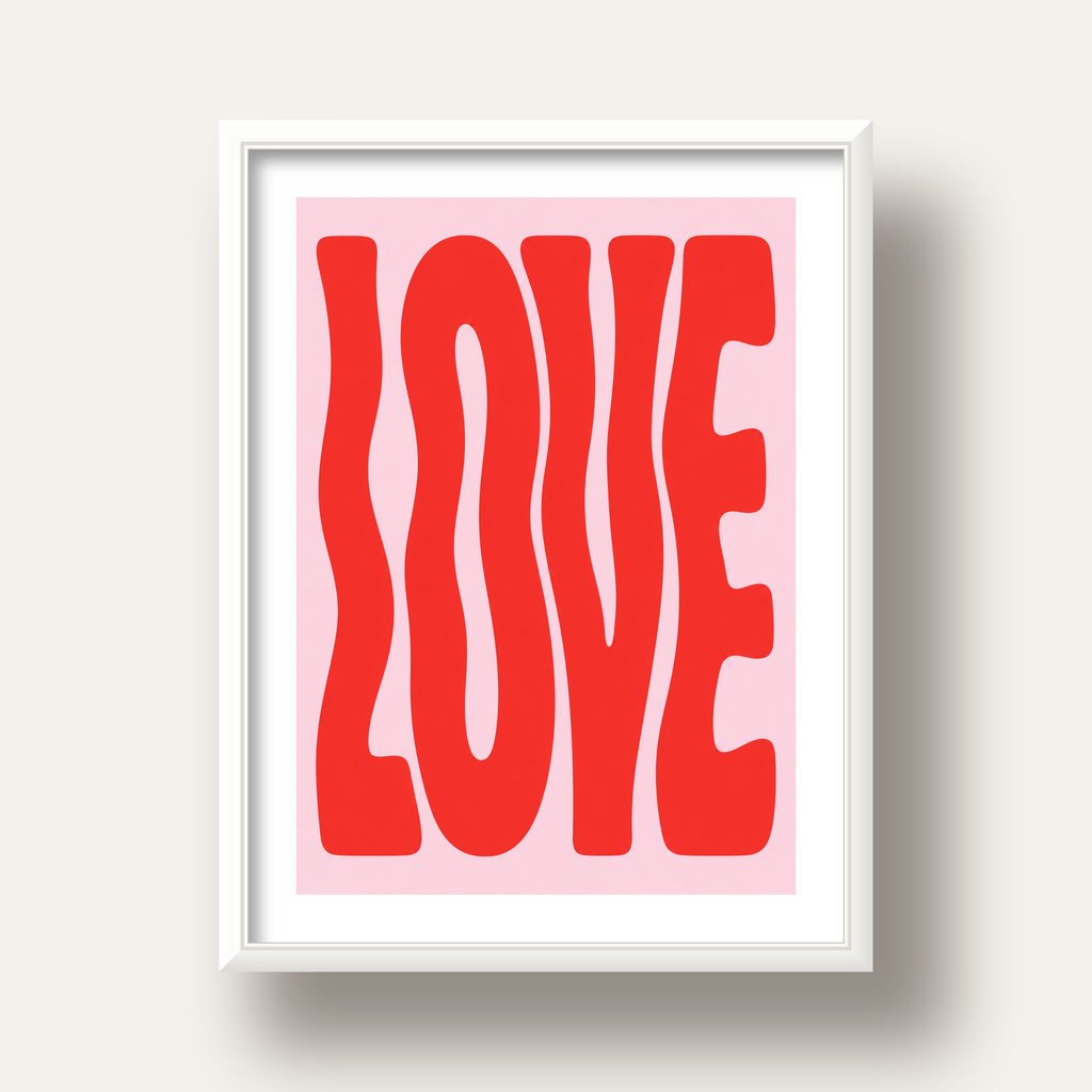 LOVE Yazılı Modern Tipografik Kırmızı Poster Baskı — beyaz derin çerçeveli paspartulu