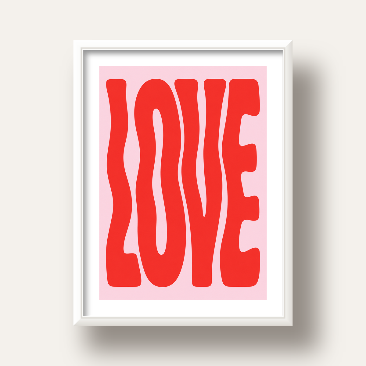 LOVE Yazılı Modern Tipografik Kırmızı Poster Baskı — beyaz derin çerçeveli paspartulu