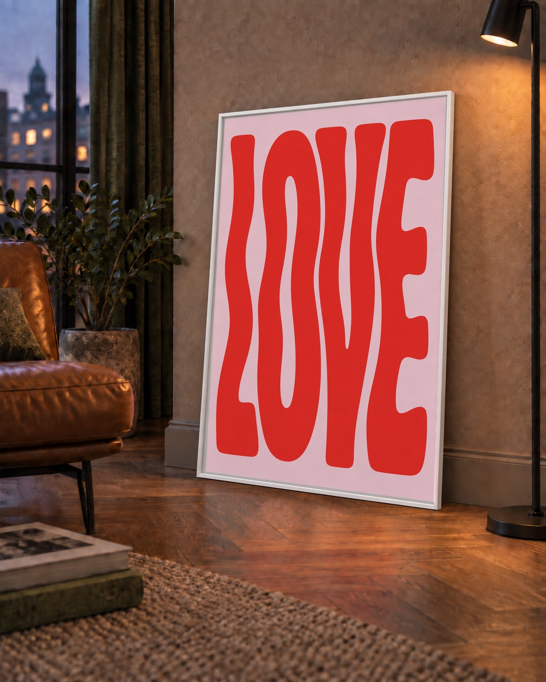 LOVE Yazılı Modern Tipografik Kırmızı Poster Baskı — çerçeveli hâliyle bir ev duvarında