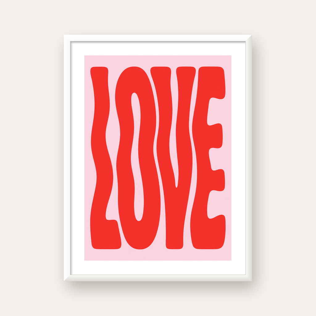 LOVE Yazılı Modern Tipografik Kırmızı Poster Baskı — beyaz çerçeveli dikey poster