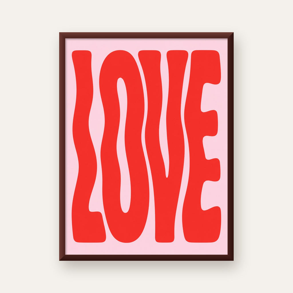 LOVE Yazılı Modern Tipografik Kırmızı Poster Baskı — ceviz çerçeveli