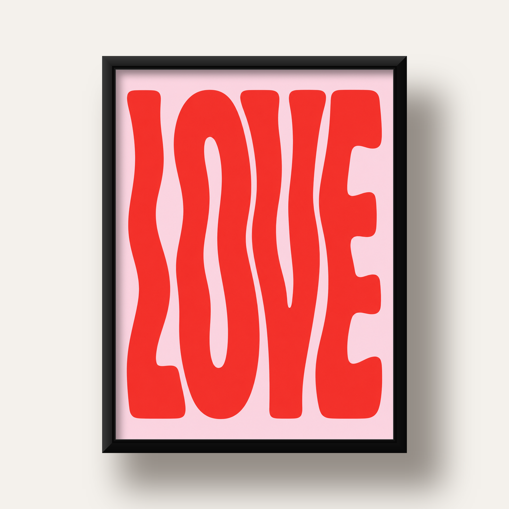LOVE Yazılı Modern Tipografik Kırmızı Poster Baskı — siyah derin çerçeveli
