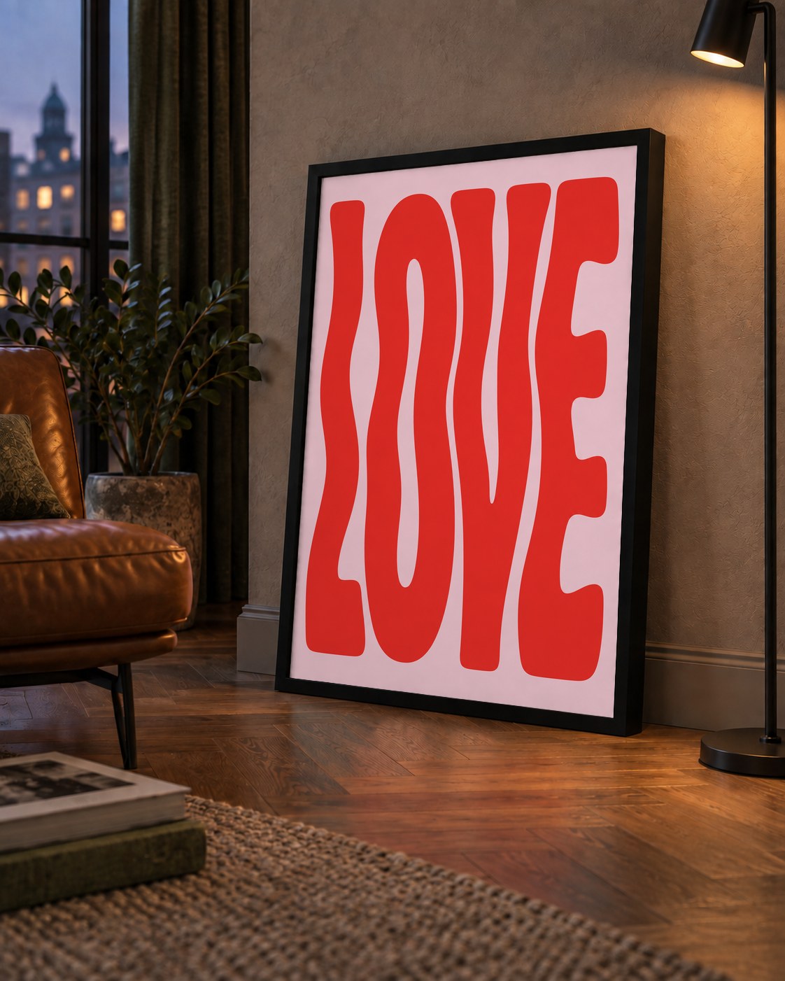 LOVE Yazılı Modern Tipografik Kırmızı Poster Baskı — çerçeveli hâliyle bir ev duvarında