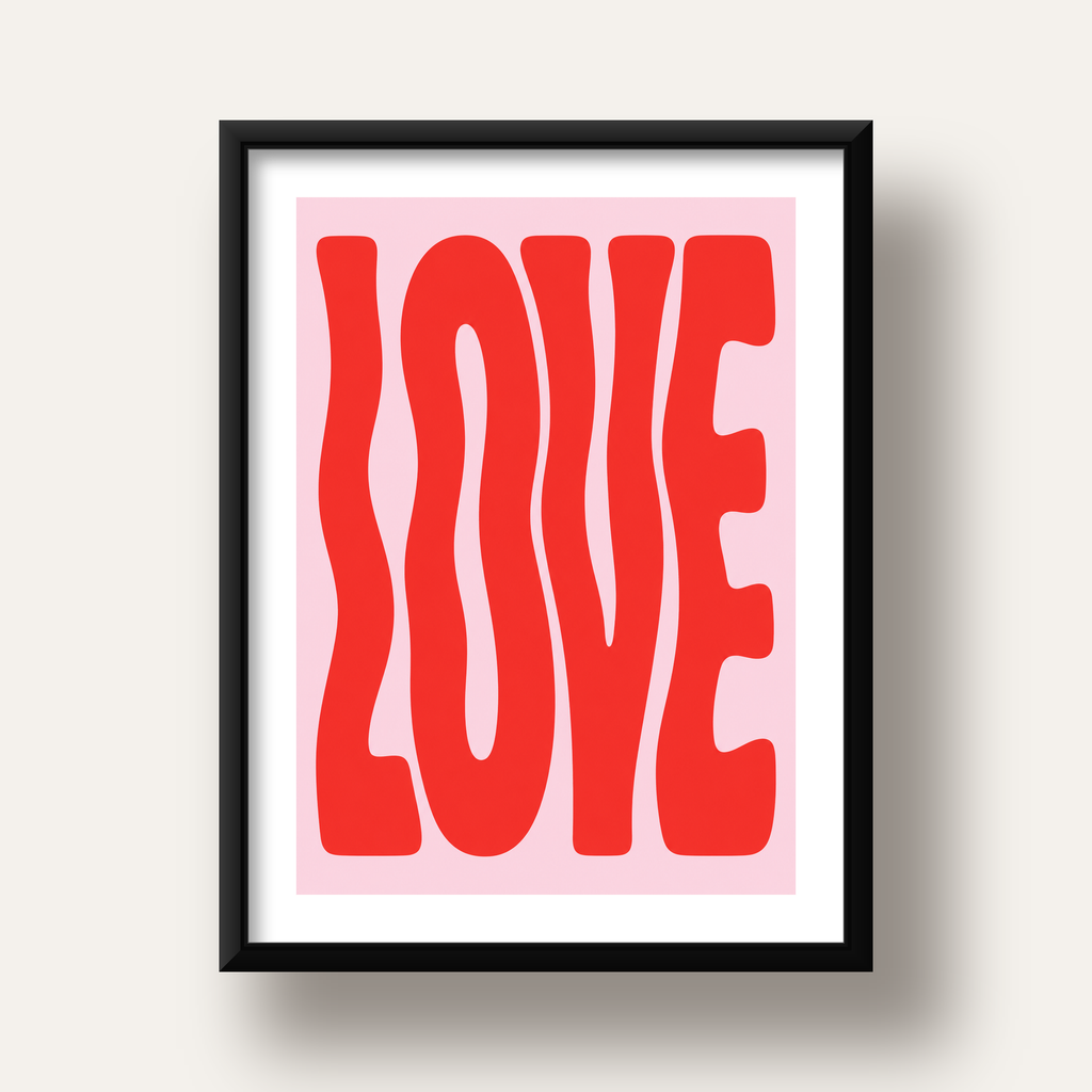 LOVE Yazılı Modern Tipografik Kırmızı Poster Baskı — siyah derin çerçeveli paspartulu