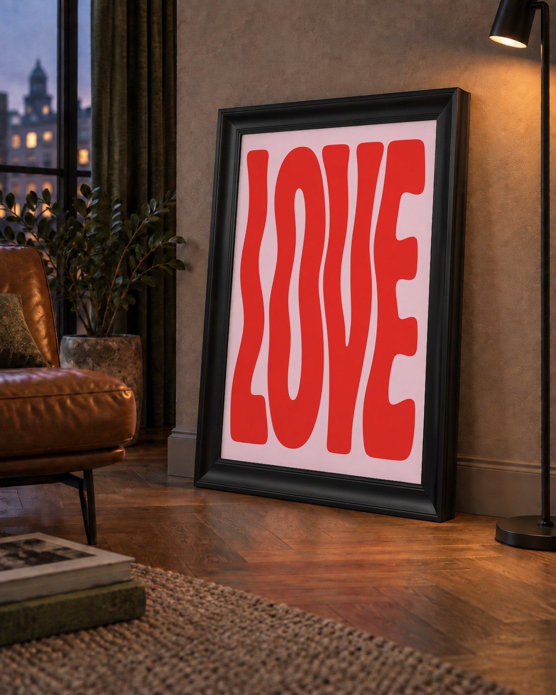 LOVE Yazılı Modern Tipografik Kırmızı Poster Baskı — çerçeveli hâliyle bir ev duvarında