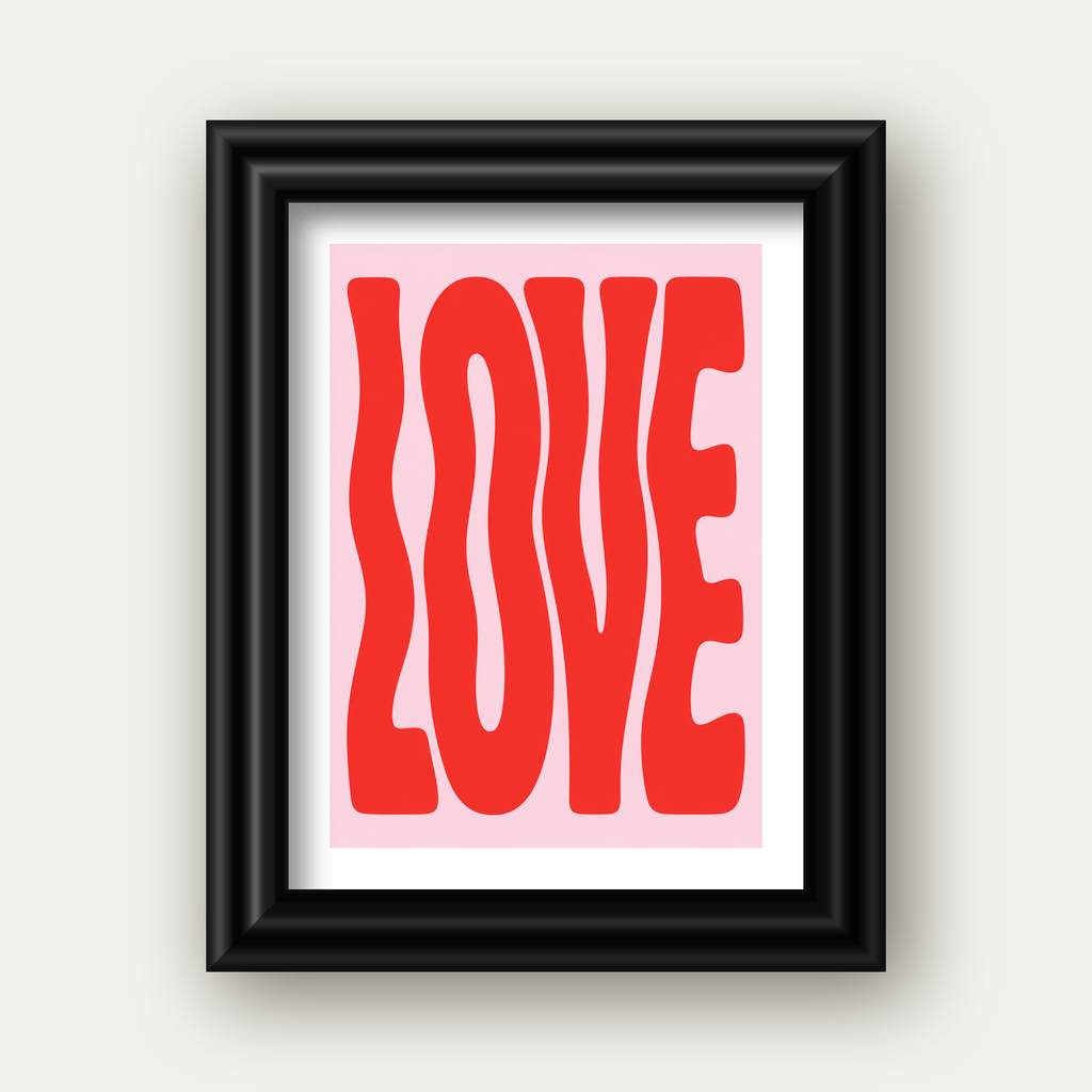 LOVE Yazılı Modern Tipografik Kırmızı Poster Baskı — siyah galeri çerçeveli paspartulu