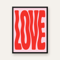 LOVE Yazılı Modern Tipografik Kırmızı Poster Baskı — Dikey baskı, düz siyah çerçeveli duvar posteri