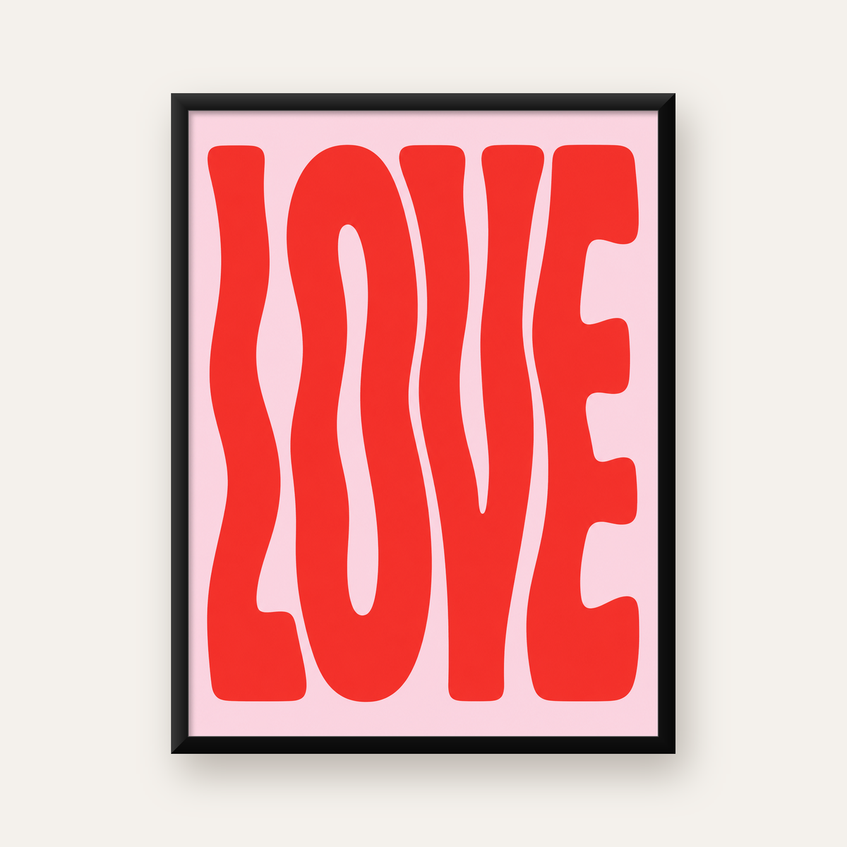 LOVE Yazılı Modern Tipografik Kırmızı Poster Baskı — Dikey baskı, düz siyah çerçeveli duvar posteri