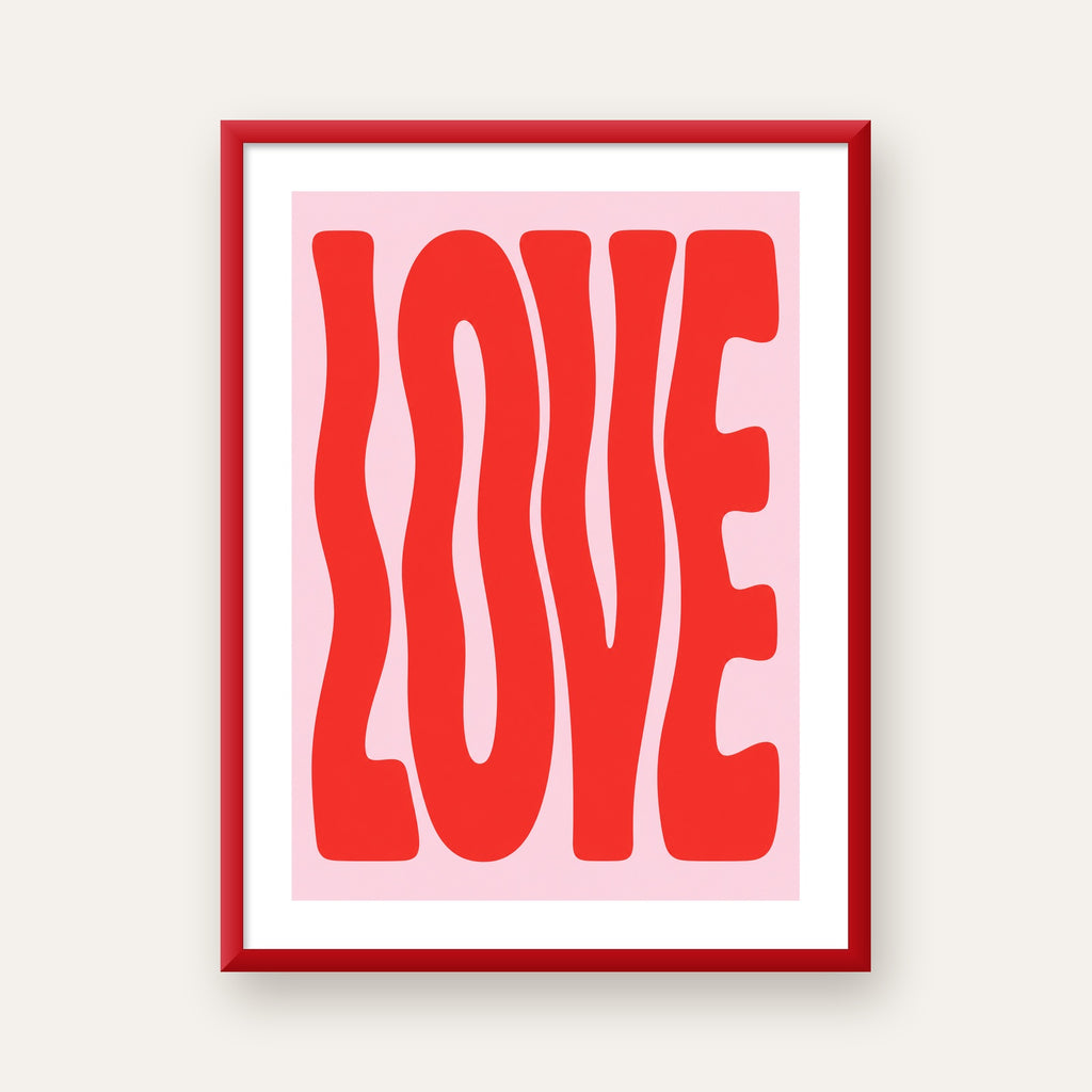 LOVE Yazılı Modern Tipografik Kırmızı Poster Baskı — kırmızı çerçeveli paspartulu