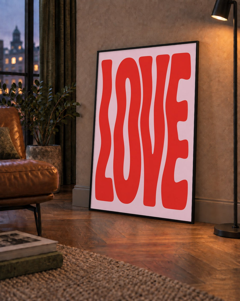 LOVE Yazılı Modern Tipografik Kırmızı Poster Baskı — çerçeveli hâliyle bir ev duvarında