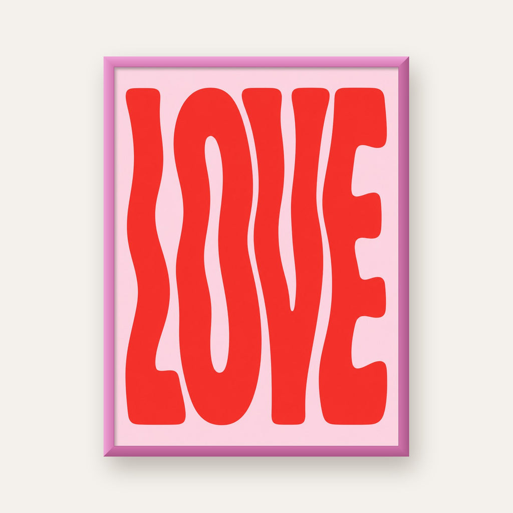 LOVE Yazılı Modern Tipografik Kırmızı Poster Baskı — pembe çerçeveli