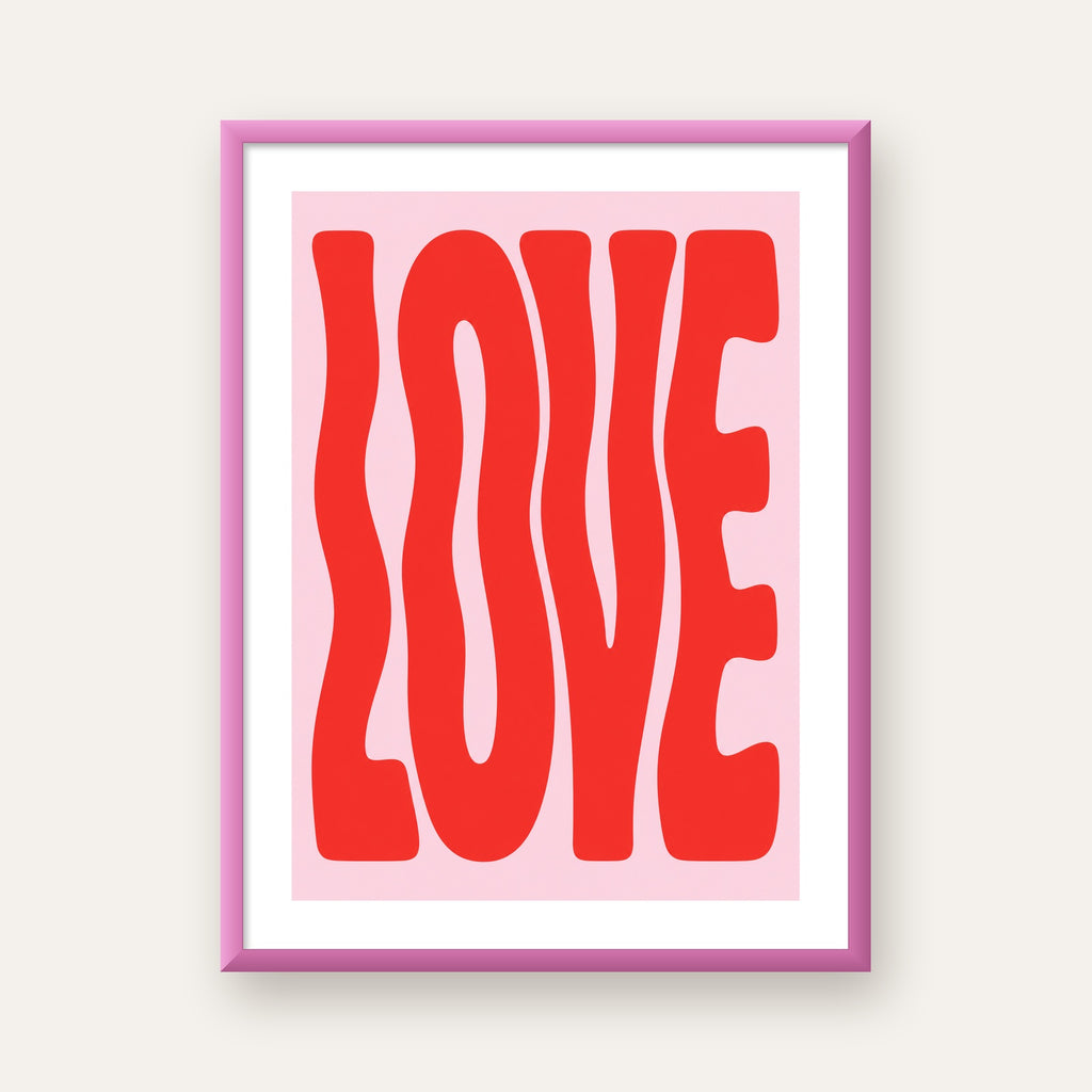 LOVE Yazılı Modern Tipografik Kırmızı Poster Baskı — pembe çerçeveli paspartulu
