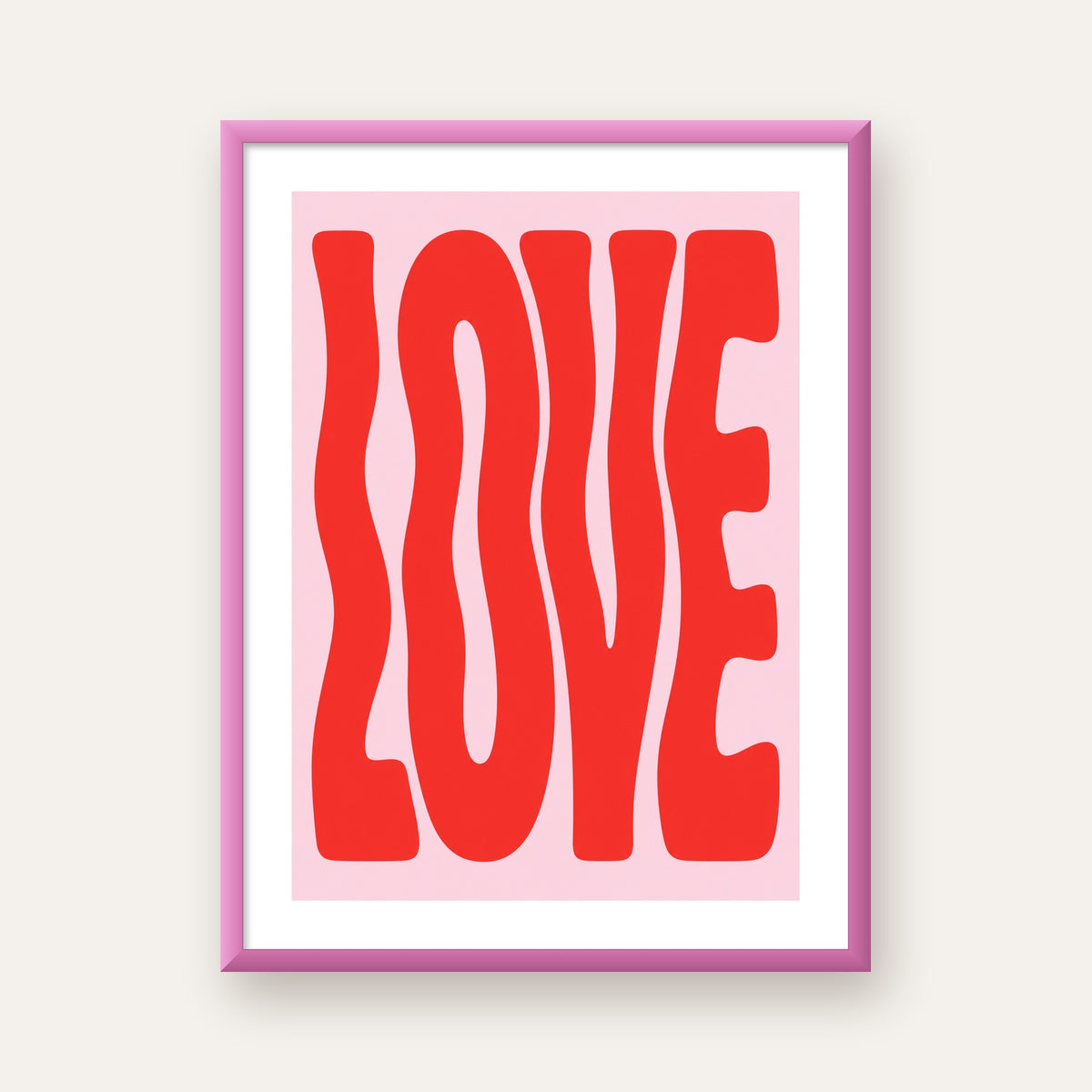 LOVE Yazılı Modern Tipografik Kırmızı Poster Baskı — pembe çerçeveli paspartulu