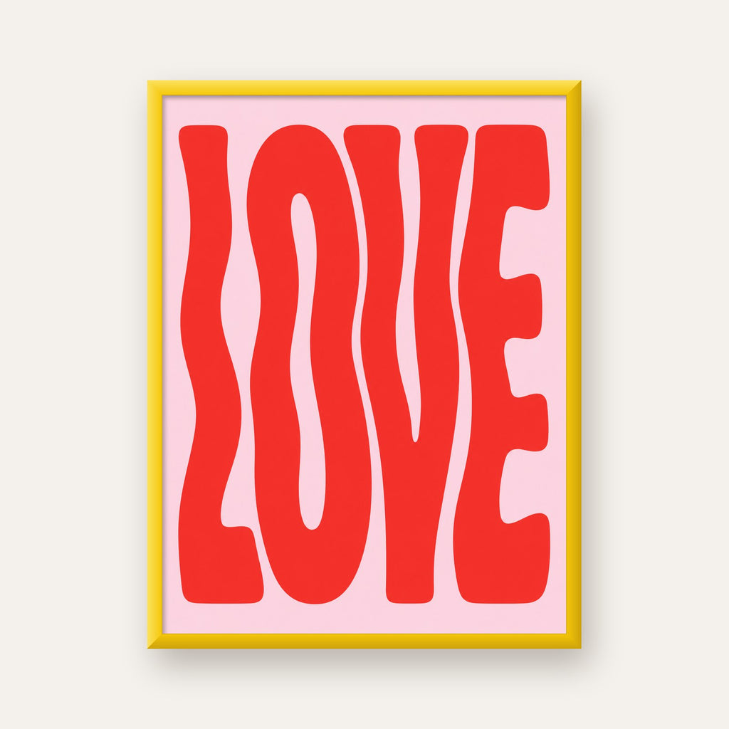 LOVE Yazılı Modern Tipografik Kırmızı Poster Baskı — sarı çerçeveli