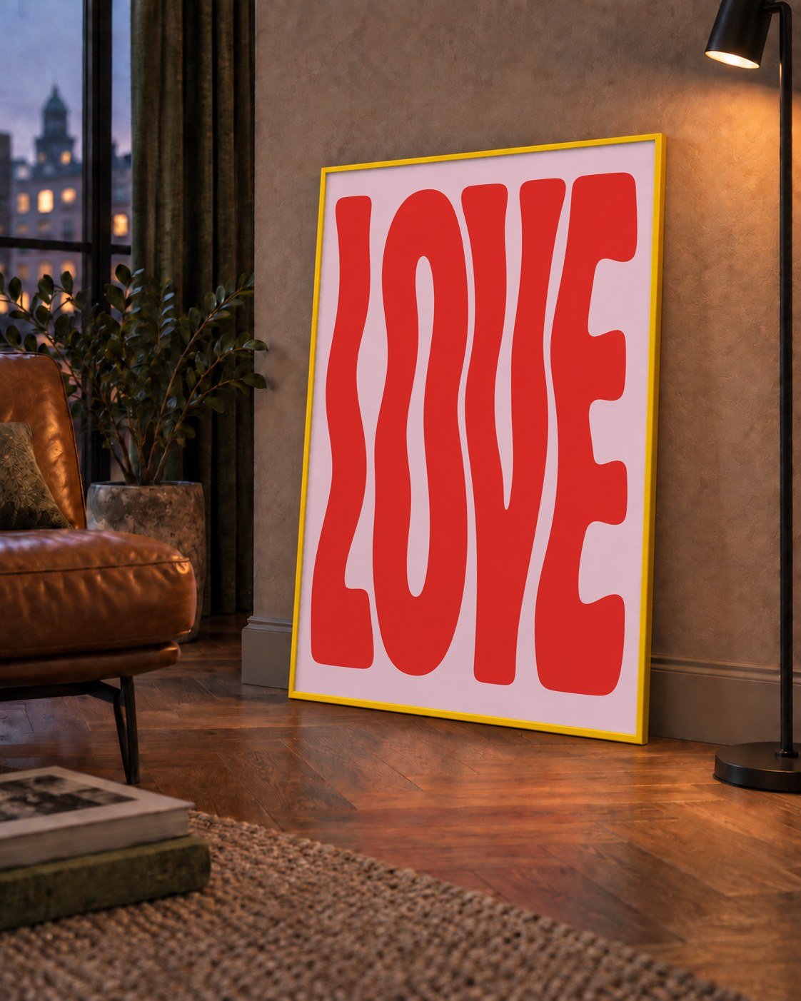 LOVE Yazılı Modern Tipografik Kırmızı Poster Baskı — çerçeveli hâliyle bir ev duvarında