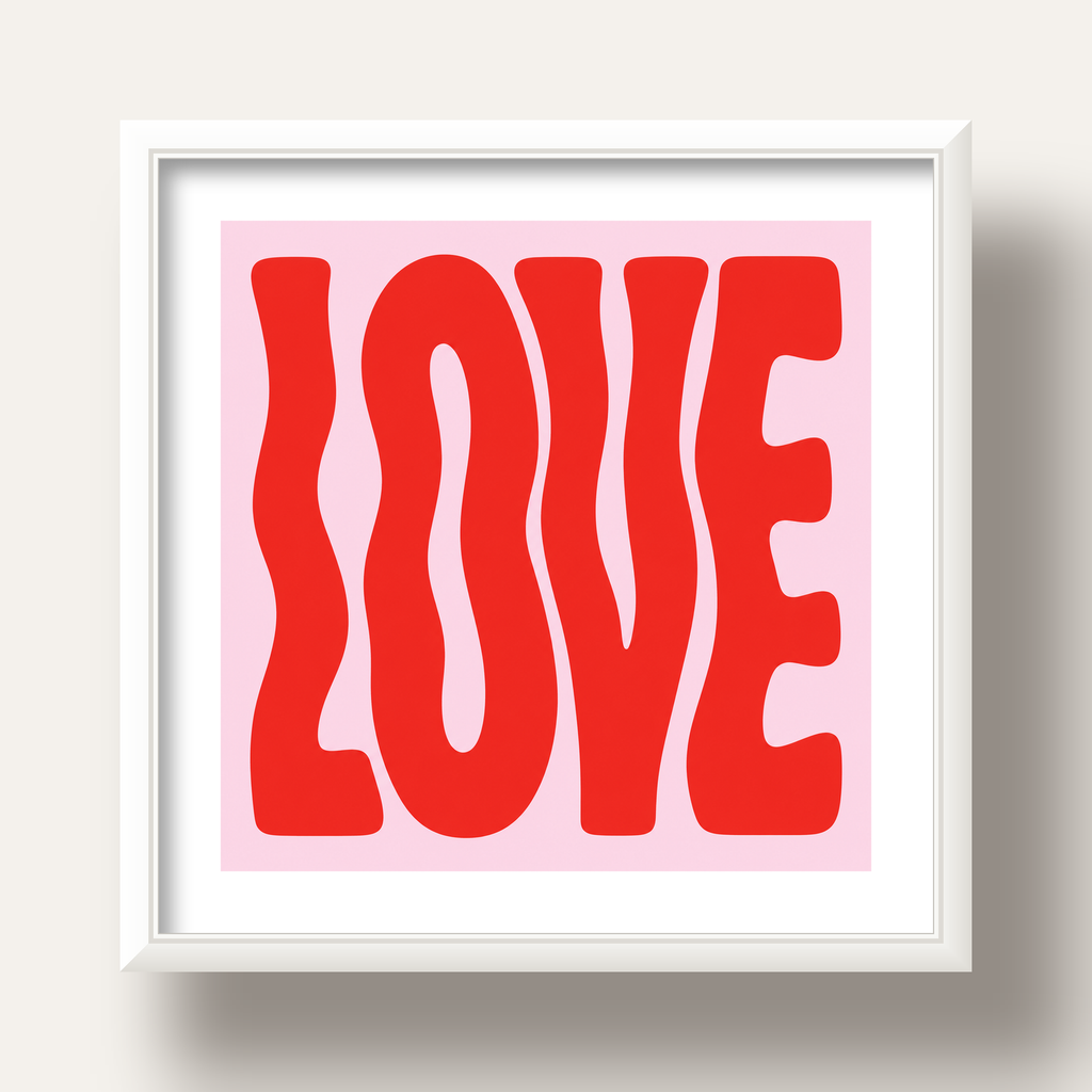 LOVE Yazılı Modern Tipografik Kırmızı Poster Baskı — beyaz derin çerçeveli paspartulu