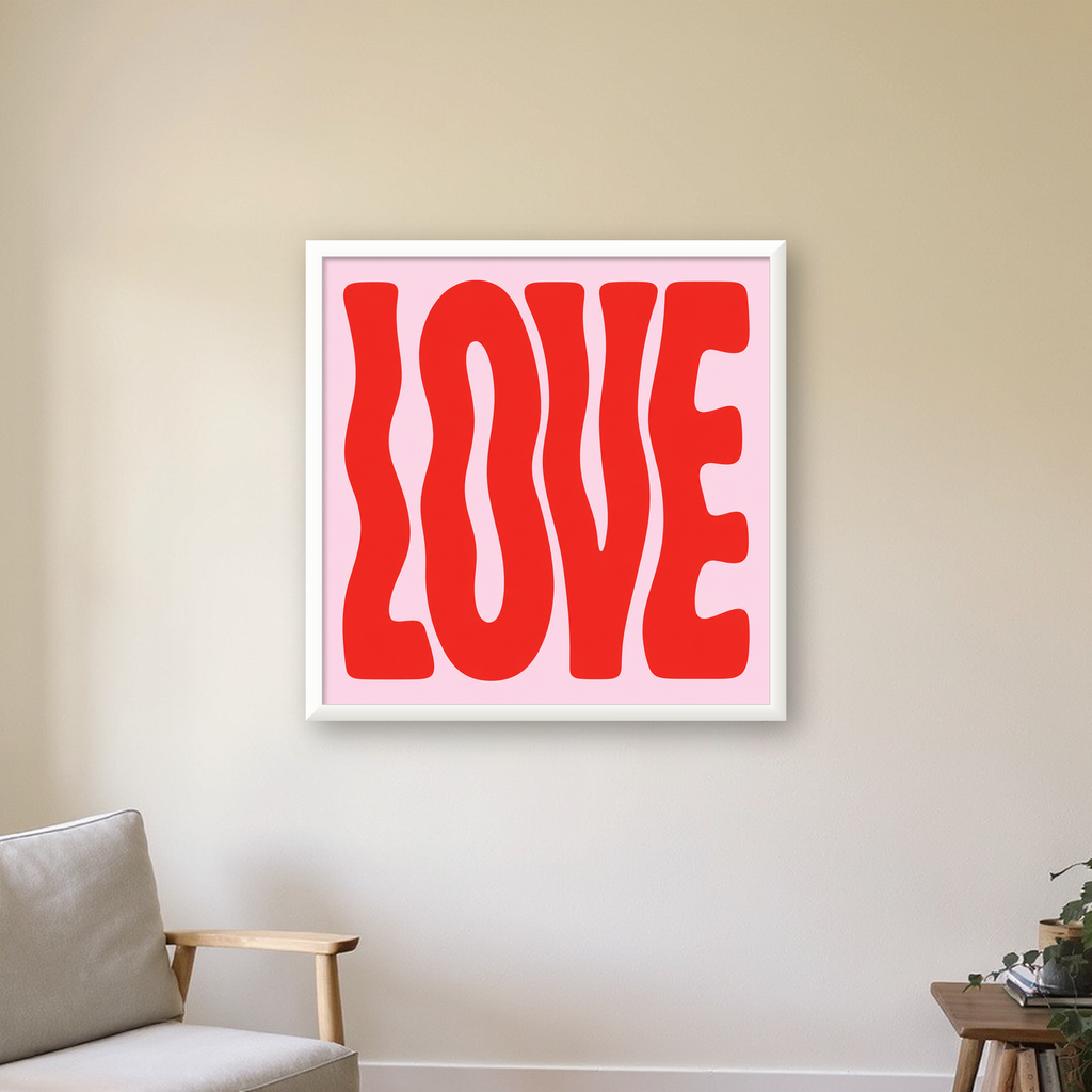 LOVE Yazılı Modern Tipografik Kırmızı Poster Baskı — beyaz çerçeveli kare poster