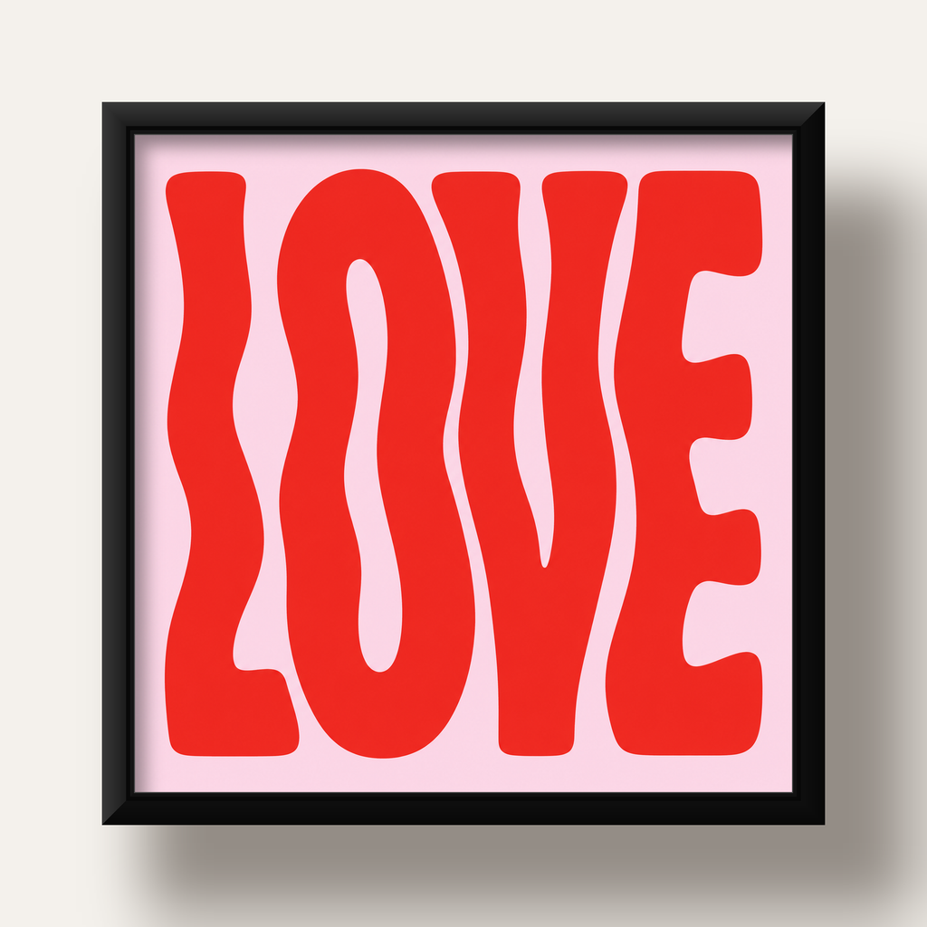 LOVE Yazılı Modern Tipografik Kırmızı Poster Baskı — siyah derin çerçeveli