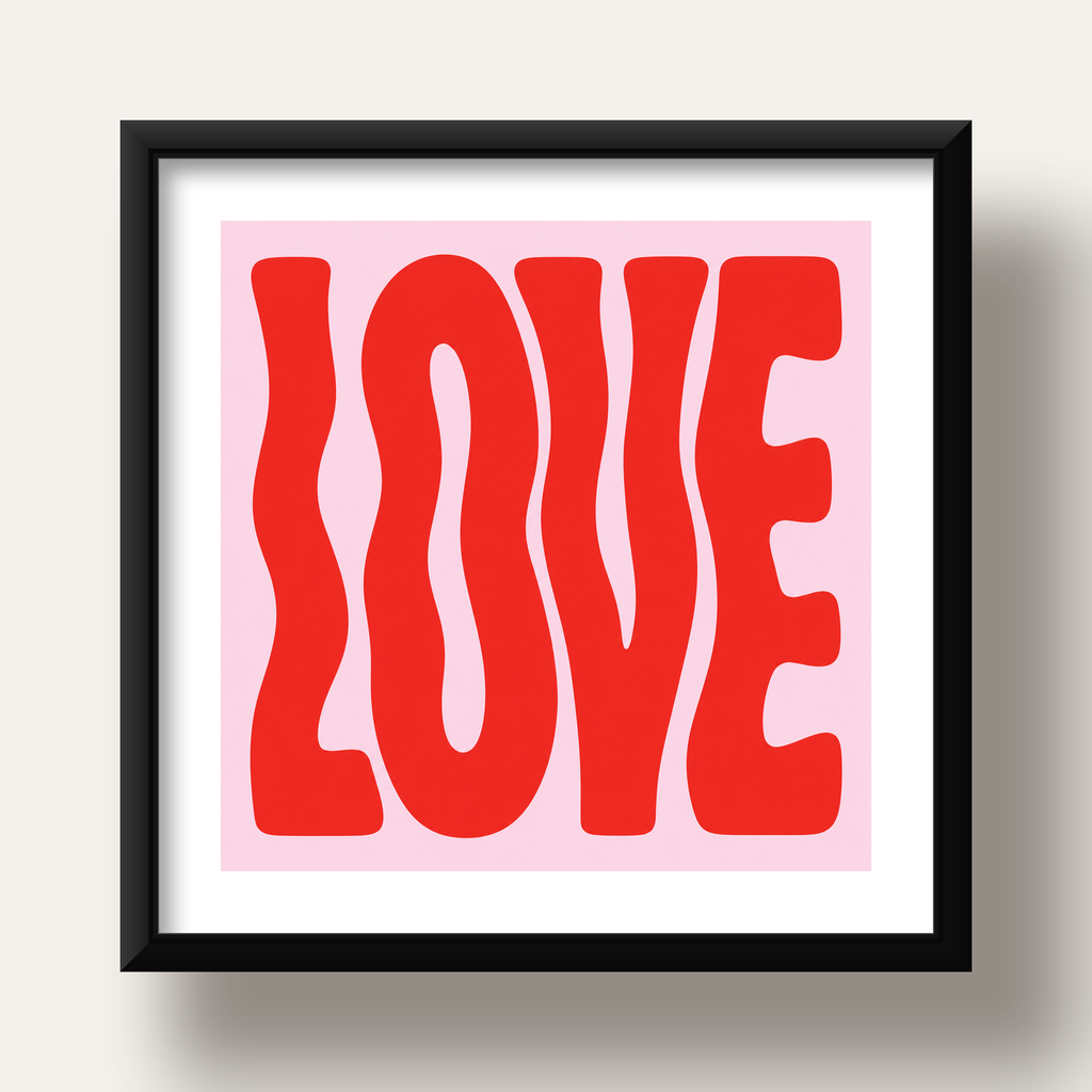 LOVE Yazılı Modern Tipografik Kırmızı Poster Baskı — siyah derin çerçeveli paspartulu