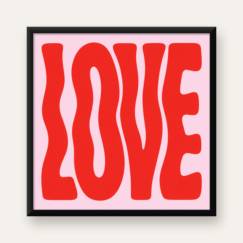 LOVE Yazılı Modern Tipografik Kırmızı Poster Baskı — Kare baskı, düz siyah çerçeveli duvar posteri