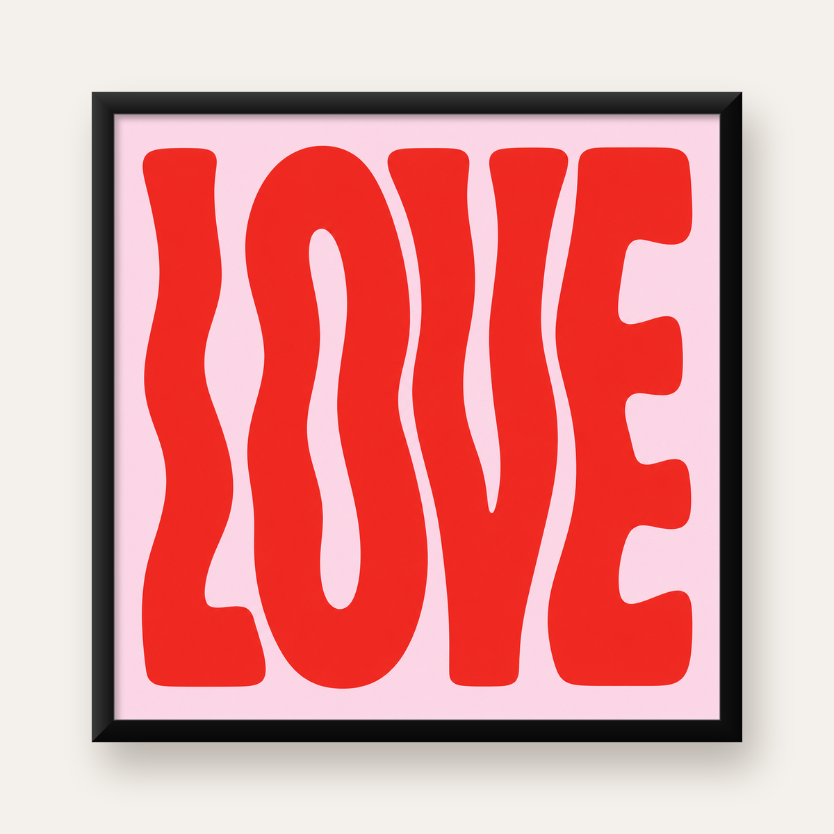 LOVE Yazılı Modern Tipografik Kırmızı Poster Baskı — Kare baskı, düz siyah çerçeveli duvar posteri