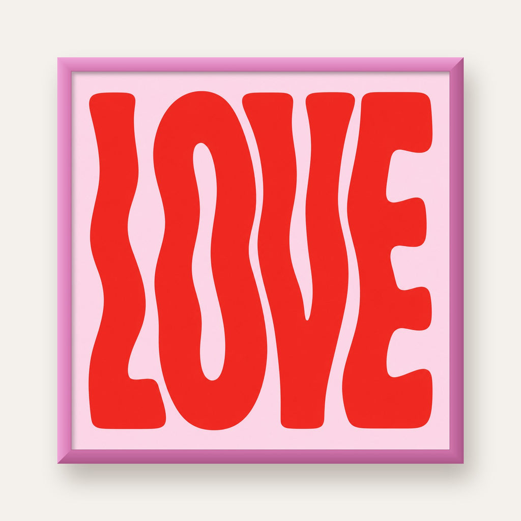 LOVE Yazılı Modern Tipografik Kırmızı Poster Baskı — pembe çerçeveli