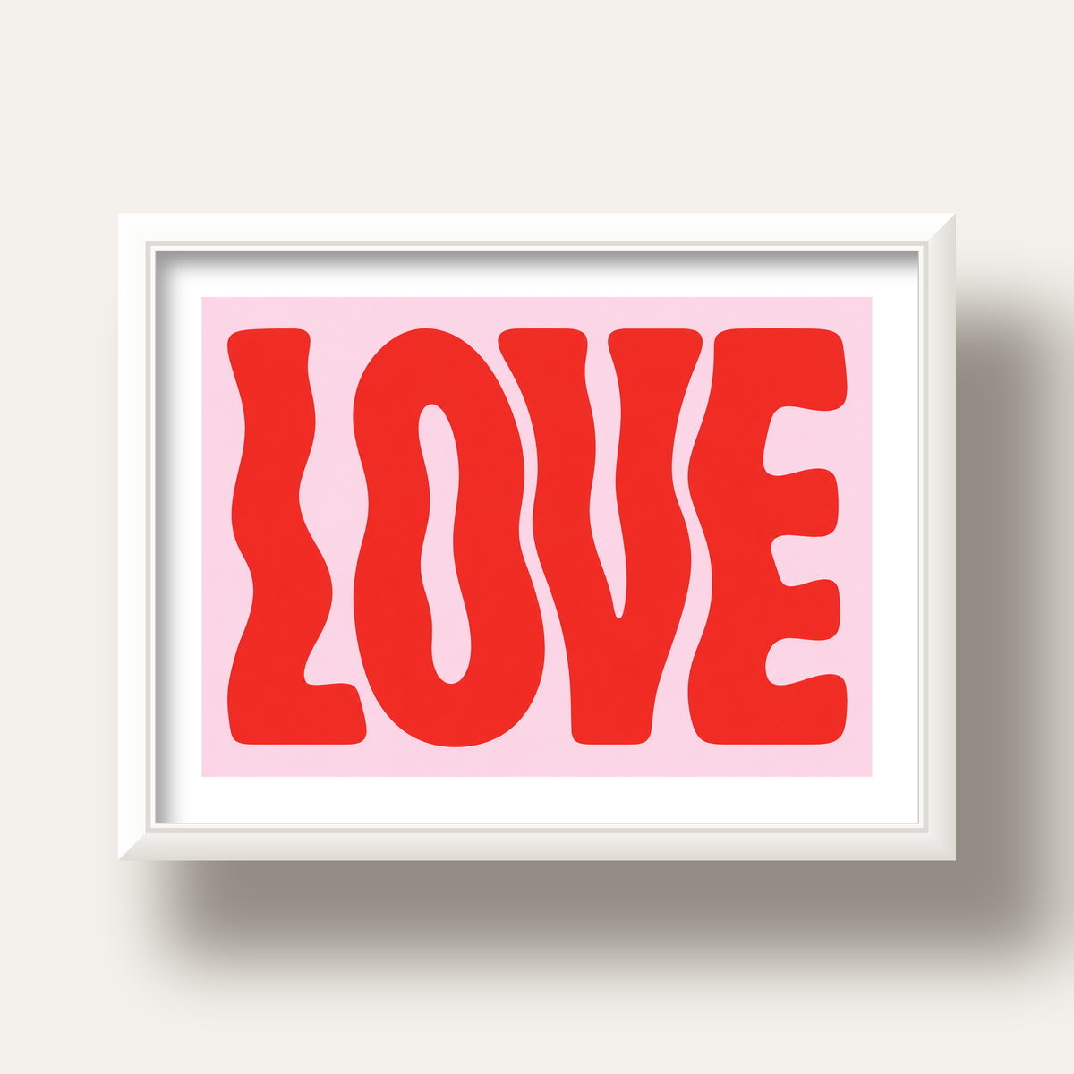 LOVE Yazılı Modern Tipografik Kırmızı Poster Baskı — beyaz derin çerçeveli paspartulu