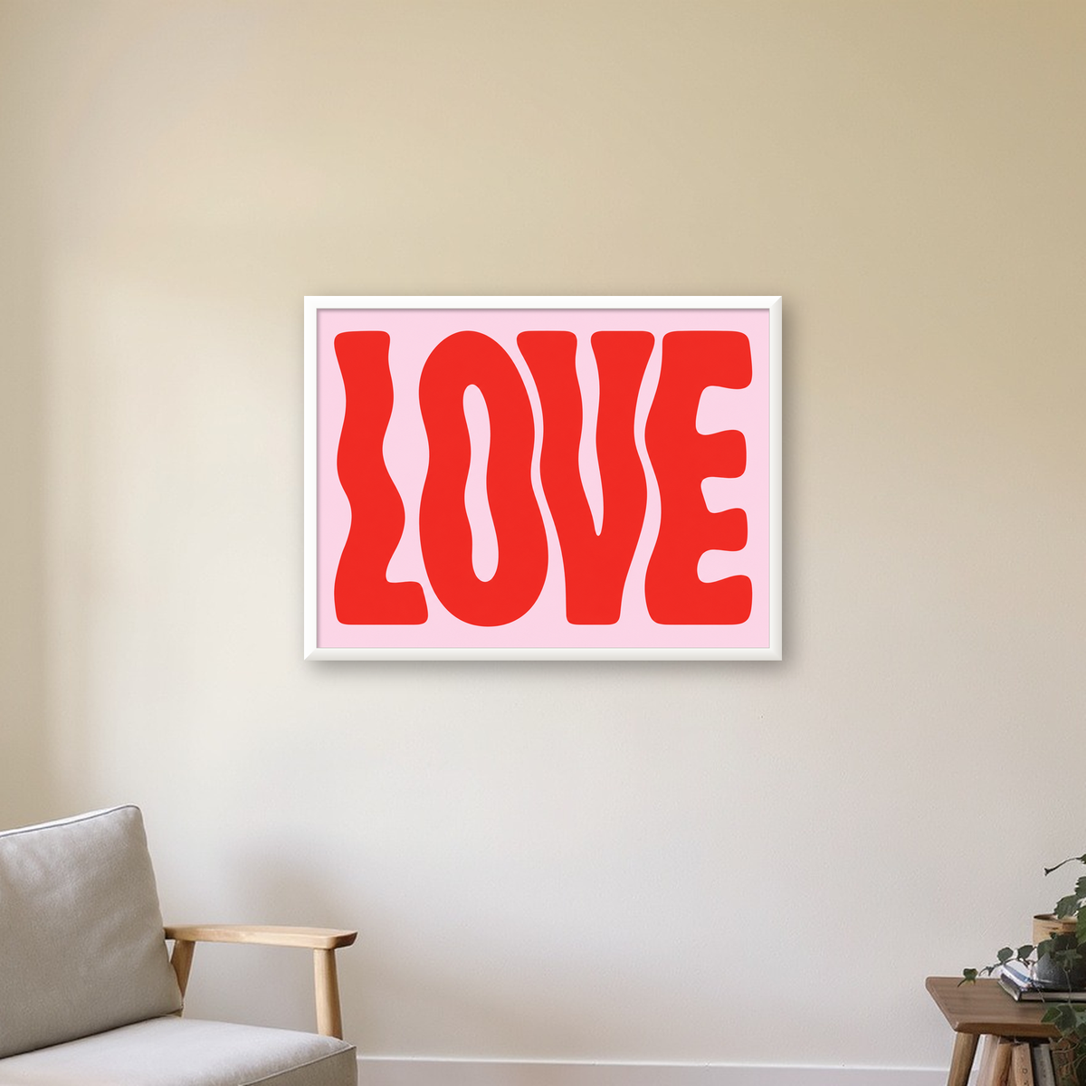 LOVE Yazılı Modern Tipografik Kırmızı Poster Baskı — beyaz çerçeveli yatay poster