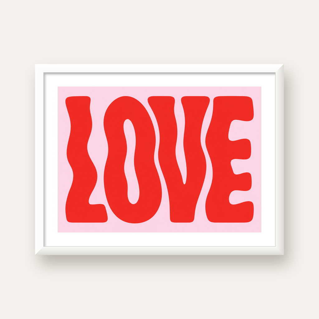 LOVE Yazılı Modern Tipografik Kırmızı Poster Baskı — beyaz çerçeveli yatay poster