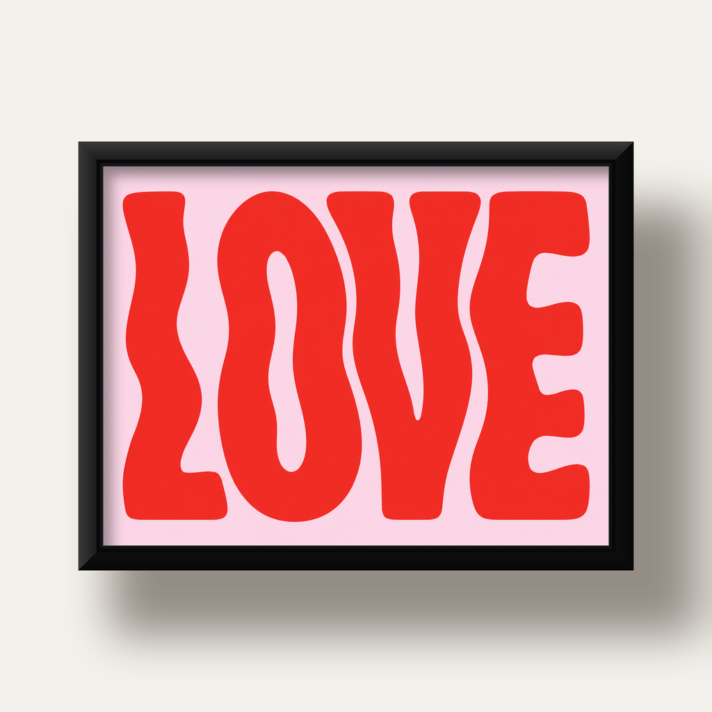 LOVE Yazılı Modern Tipografik Kırmızı Poster Baskı — siyah derin çerçeveli
