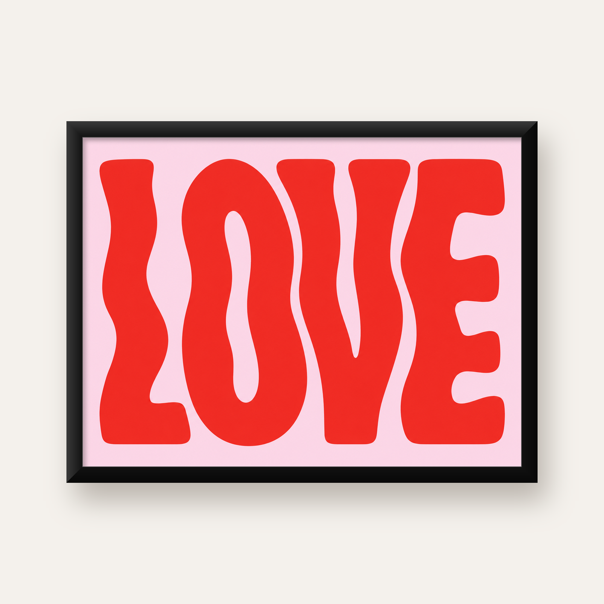 LOVE Yazılı Modern Tipografik Kırmızı Poster Baskı — Yatay baskı, düz siyah çerçeveli duvar posteri