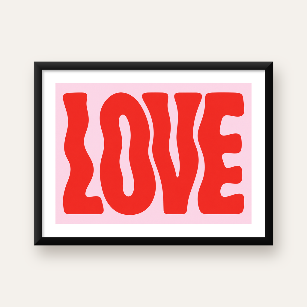 LOVE Yazılı Modern Tipografik Kırmızı Poster Baskı — Yatay baskı, beyaz paspartulu