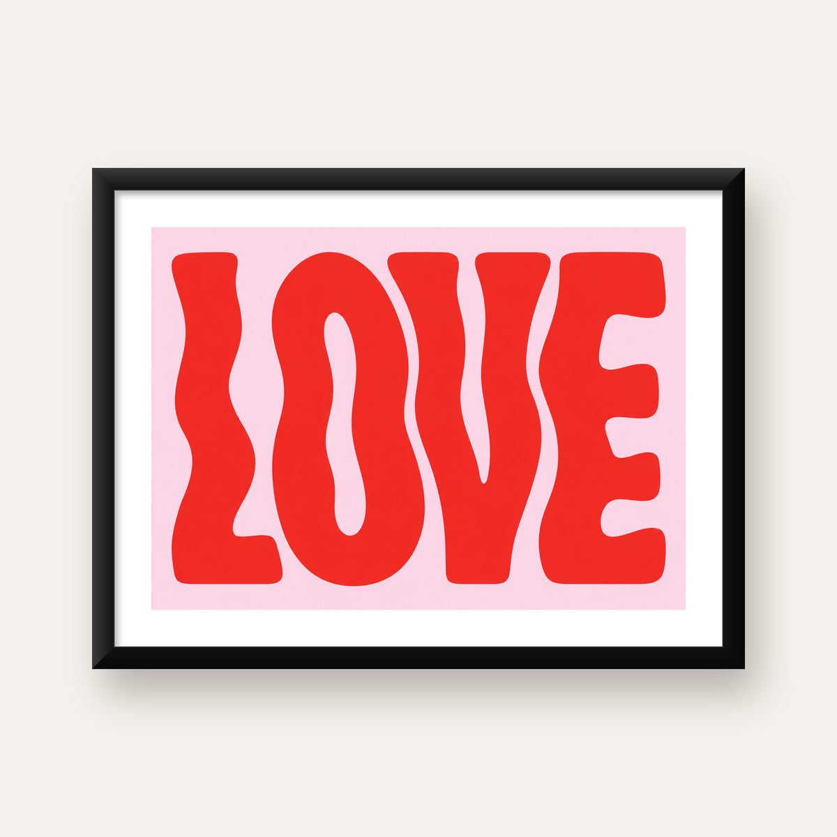 LOVE Yazılı Modern Tipografik Kırmızı Poster Baskı — Yatay baskı, beyaz paspartulu
