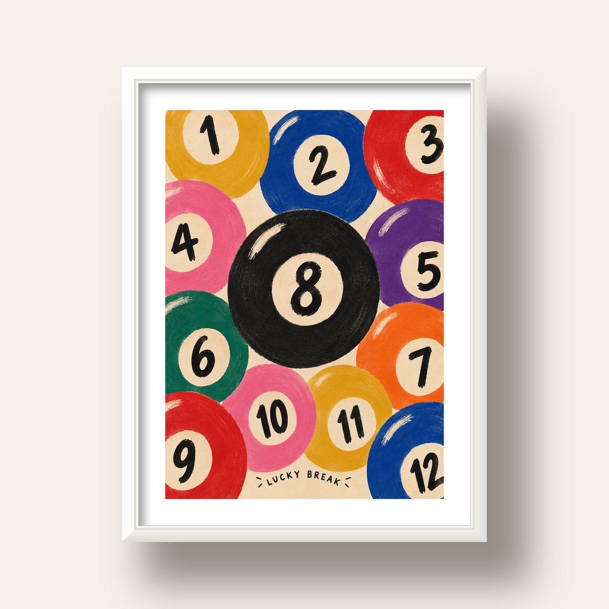 Renkli Bilardo Topları İllüstrasyon Poster – Lucky Break — beyaz derin çerçeveli paspartulu