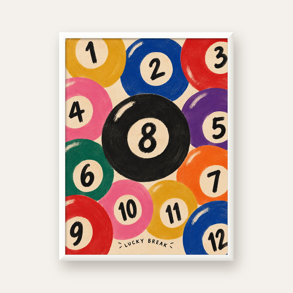 Renkli Bilardo Topları İllüstrasyon Poster – Lucky Break — beyaz çerçeveli dikey poster