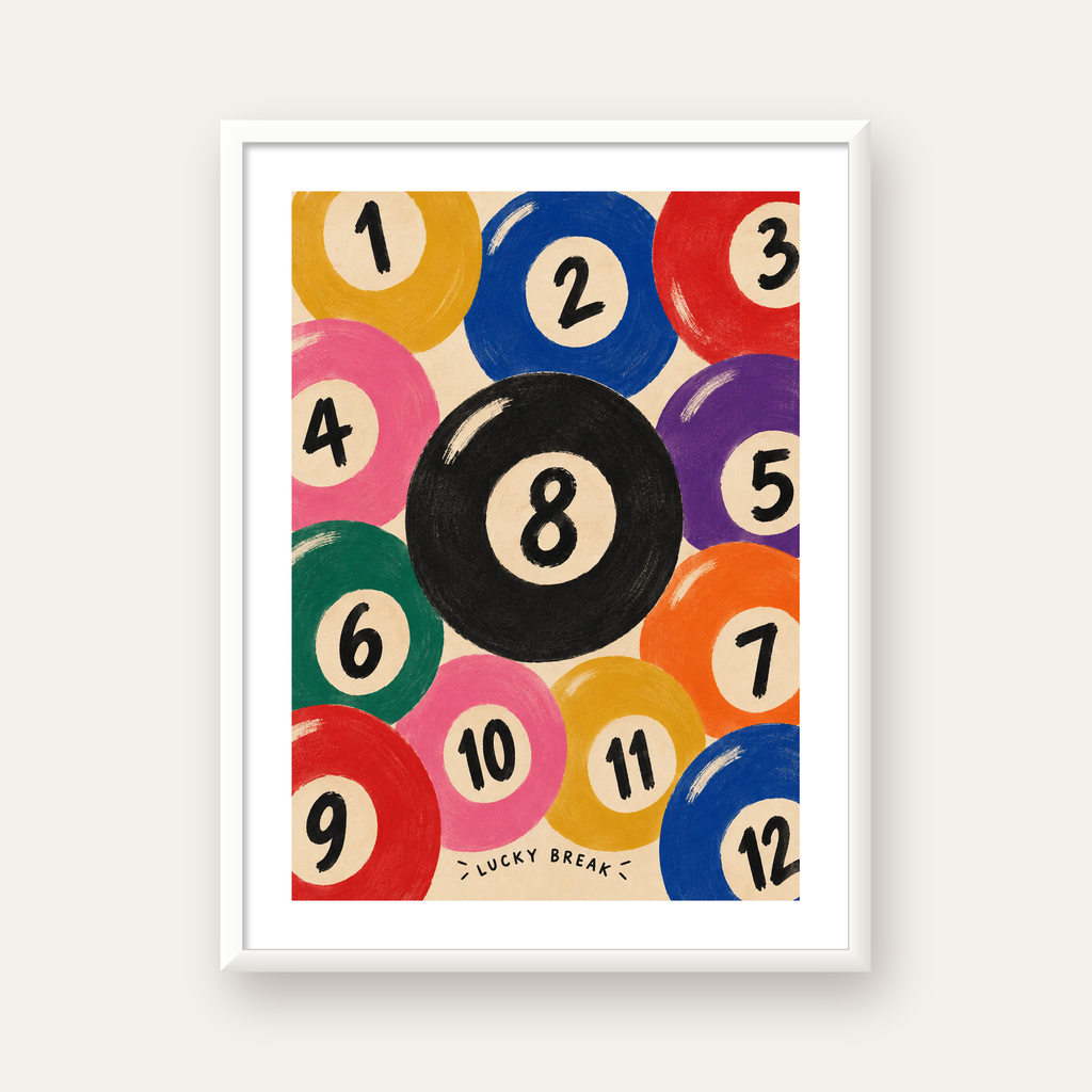 Renkli Bilardo Topları İllüstrasyon Poster – Lucky Break — beyaz çerçeveli dikey poster