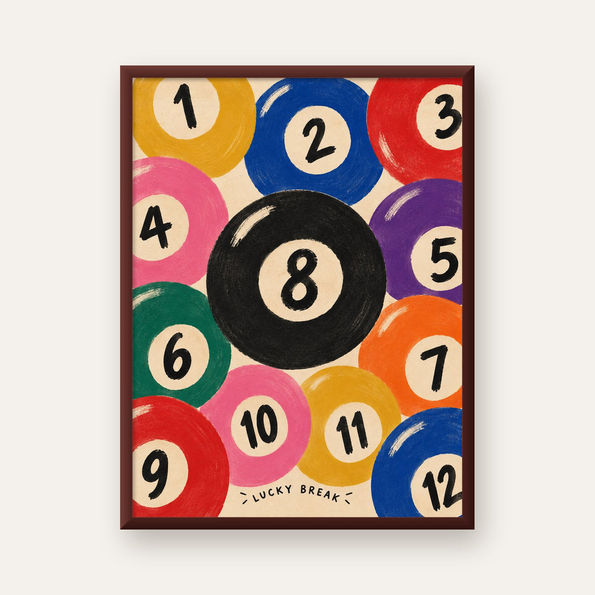 Renkli Bilardo Topları İllüstrasyon Poster – Lucky Break — ceviz çerçeveli